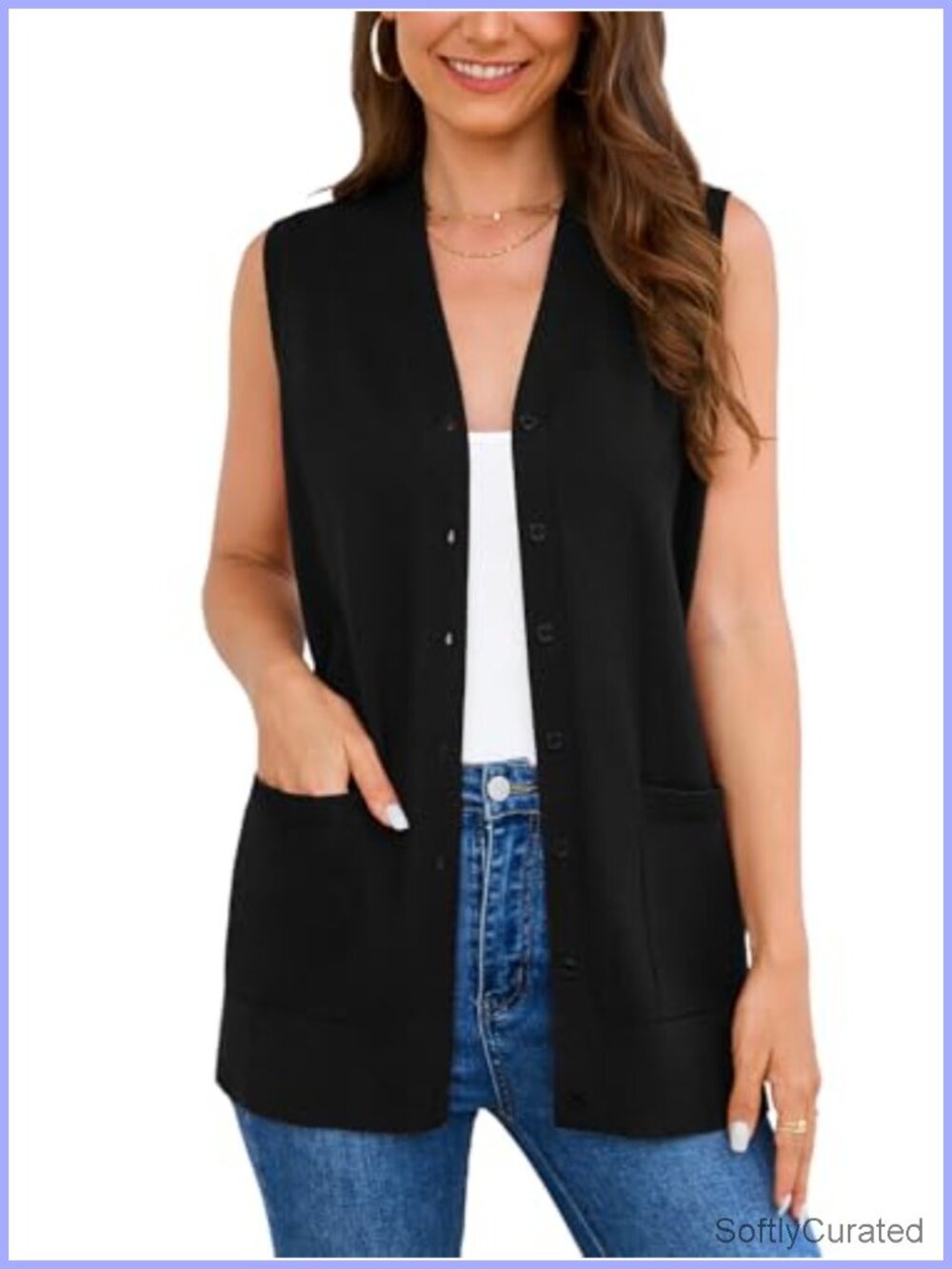 Viscose Sleeveless Button Down Cardigan Vest with Pockets